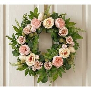 My Texas House Floral Wreath Peonies 22" Easter Pink Cottage Spring Decor NEW